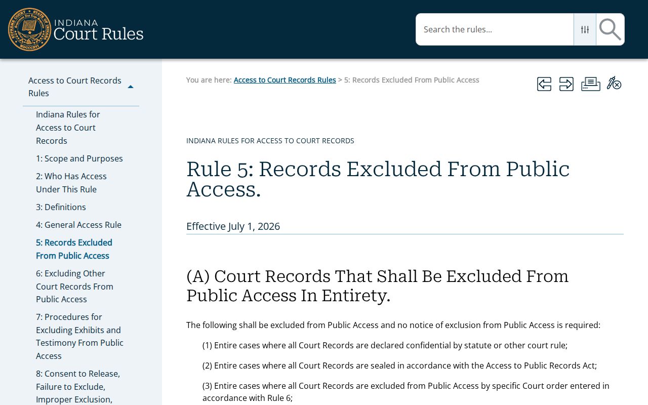 Indiana Rule 5 official exclusion and redaction page for Ohio County court records