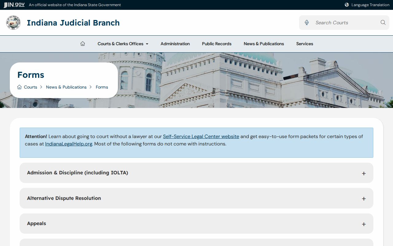 Indiana courts official forms index used for Ohio County court records
