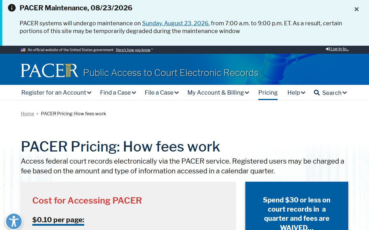 Official PACER federal court fee information separate from Ohio County traffic records